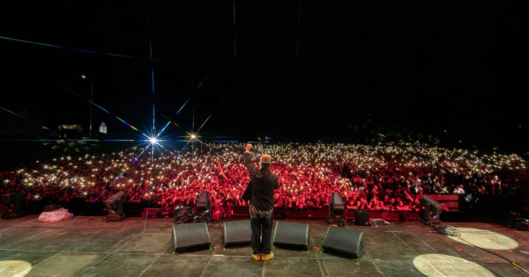 Un músico de espaldas frente a una multitud iluminada de rojo, vista desde el escenario