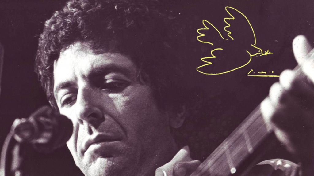 Leonard Cohen cantando al micrófono con una paloma dibujada en amarillo, imagen del documental 'Bird on a Wire'