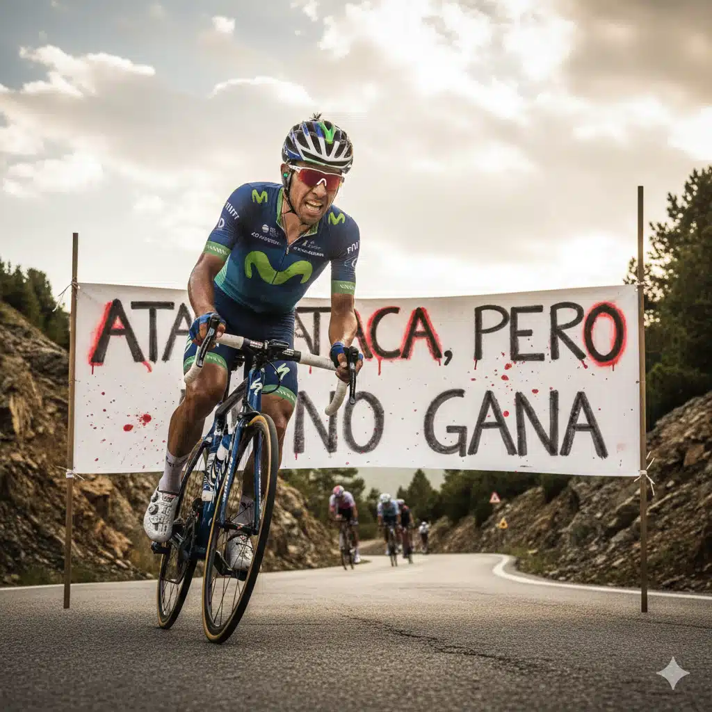 El ciclista colombiano Nairo Quintana subiendo un puerto ante una pancarta que dice «Ataca, pero no gana».