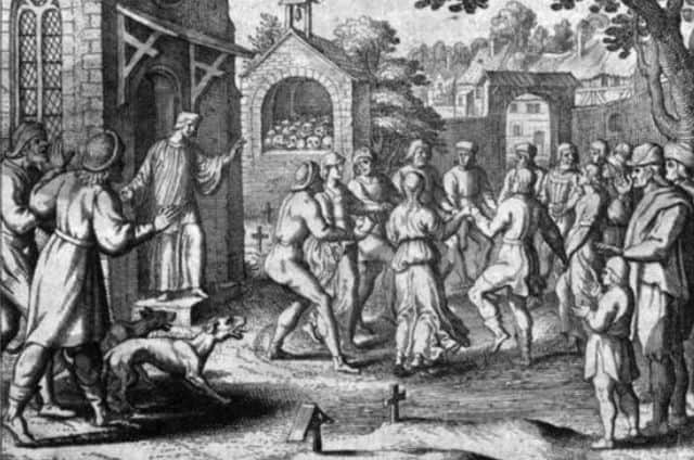 Grabado histórico sobre la plaga del baile de 1518 en Estrasburgo