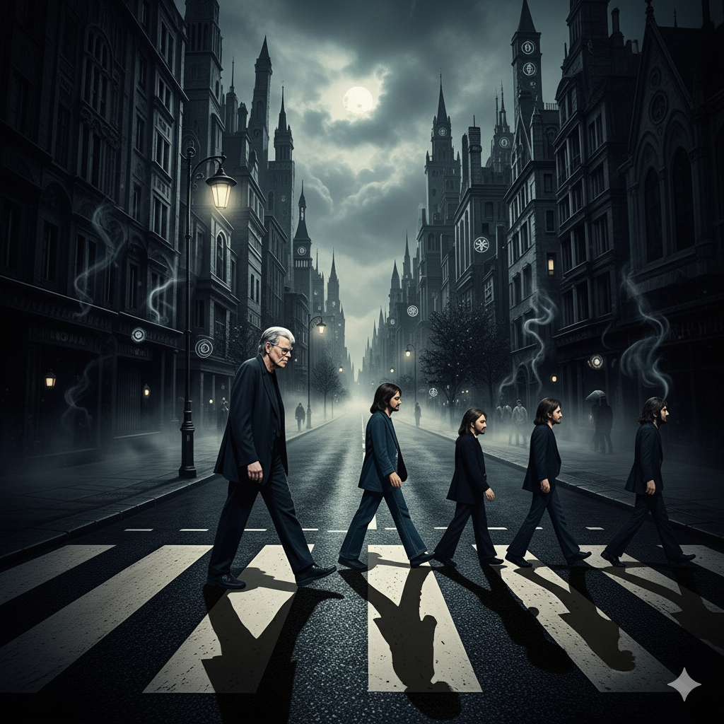 Stephen King y los Beatles en un cruce de calles góticas, inspirado en Abbey Road.