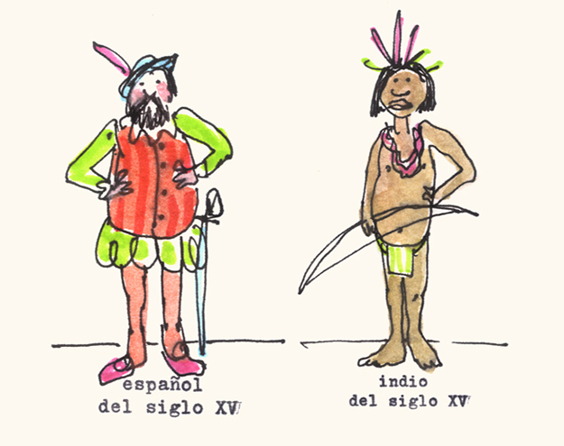 Caricatura de Antonio Caballero que representa a un español y un indígena del siglo XV, con vestimenta contrastante y estilo irónico.