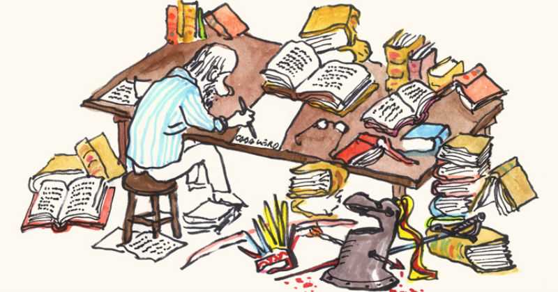 Ilustración de Antonio Caballero escribiendo en su escritorio, rodeado de libros abiertos, tinta y papeles, con trazo caricaturesco y detallado.