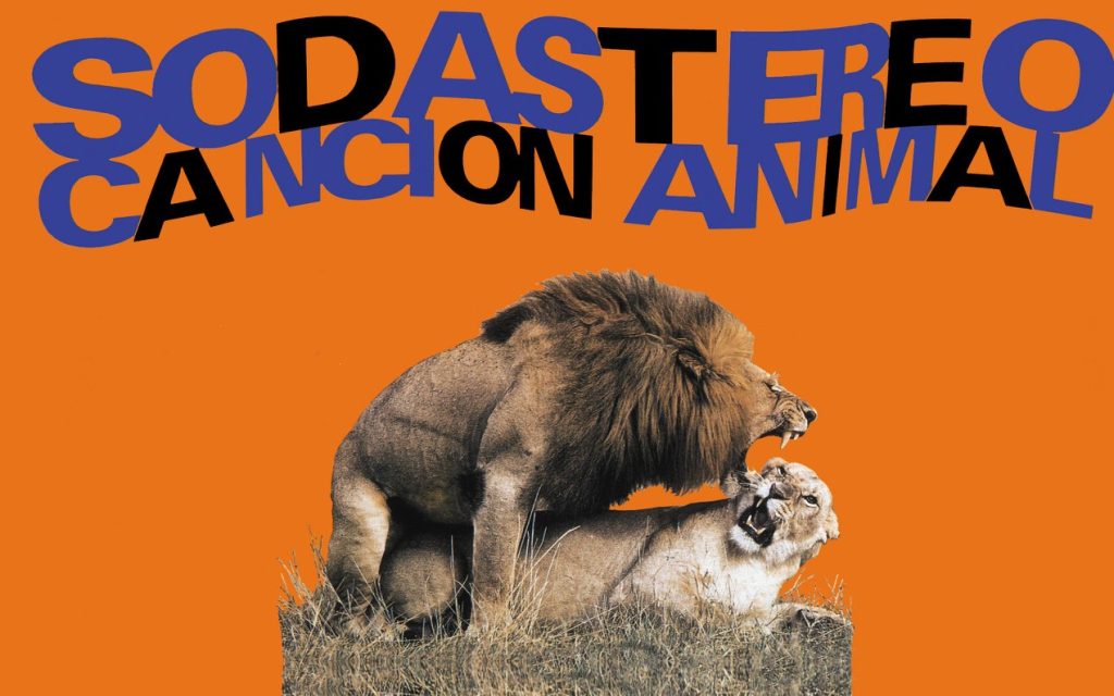 Portada de Canción animal de Soda Stereo, con león y leona sobre fondo naranja, diseño icónico del rock latino.