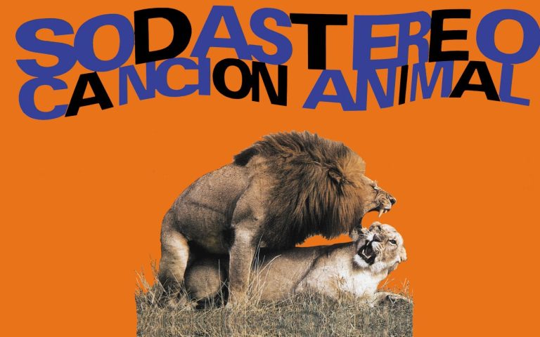 Portada de Canción animal de Soda Stereo, con león y leona sobre fondo naranja, diseño icónico del rock latino.