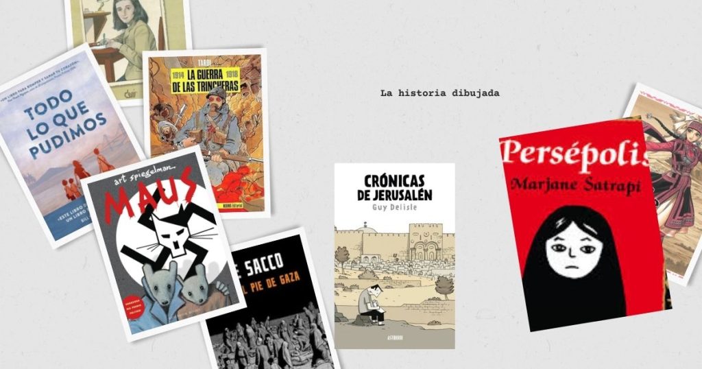 Collage de portadas de novelas gráficas históricas como Maus, Persépolis, Crónicas de Jerusalén y El pie de Gaza.