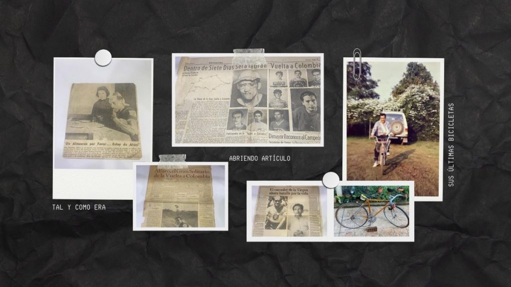 Collage con recortes de prensa sobre José Armando Alfaro y fotos personales: él pedaleando en un jardín y su última bicicleta.