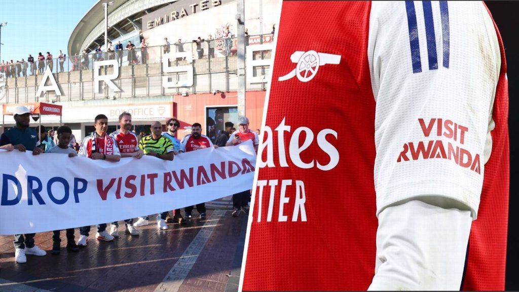 Aficionados del Arsenal sostienen una pancarta que dice “Drop Visit Rwanda” frente al Emirates Stadium; a la derecha, detalle de la manga de la camiseta con el logo “Visit Rwanda”. No solo fútbol, el sportswashing en el ciclismo también existe.