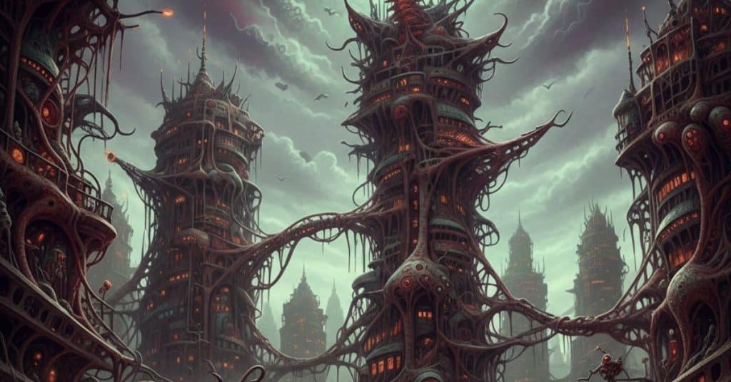 Arquitectura orgánica y futurista de estilo biopunk en una ciudad distópica.