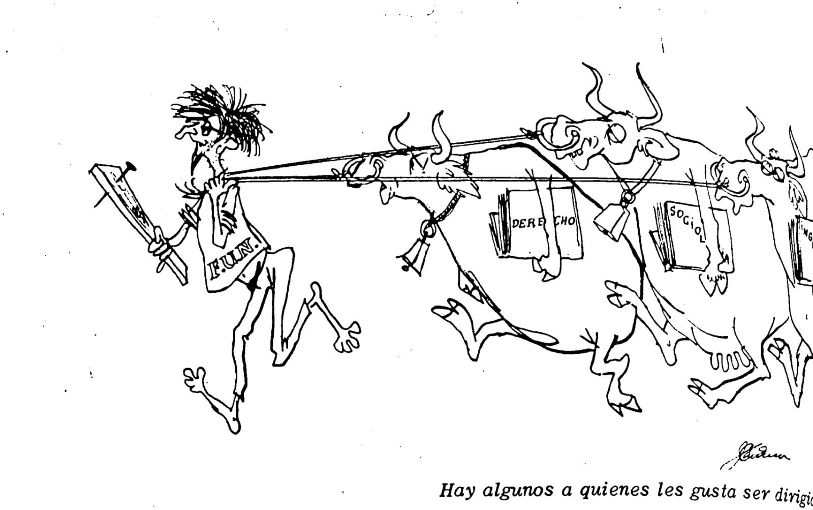 Caricatura de estudiantes arrastrados por una yunta de vacas con libros colgando