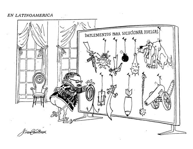 Caricatura con un panel lleno de armas, látigos y bombas etiquetado como implementos para solucionar huelgas