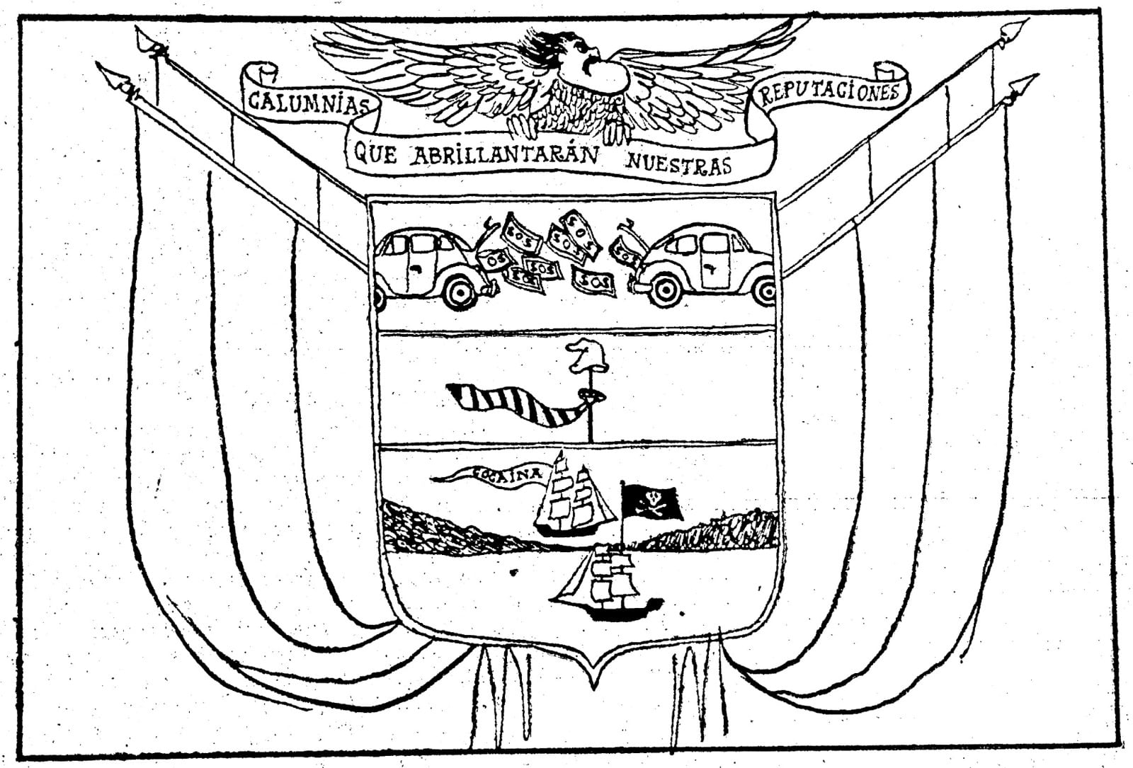 Caricatura que parodia el escudo nacional colombiano con autos, dinero y barcos piratas
