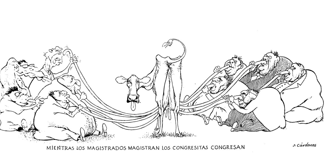 Caricatura de una vaca flaca ordeñada por políticos a ambos lados