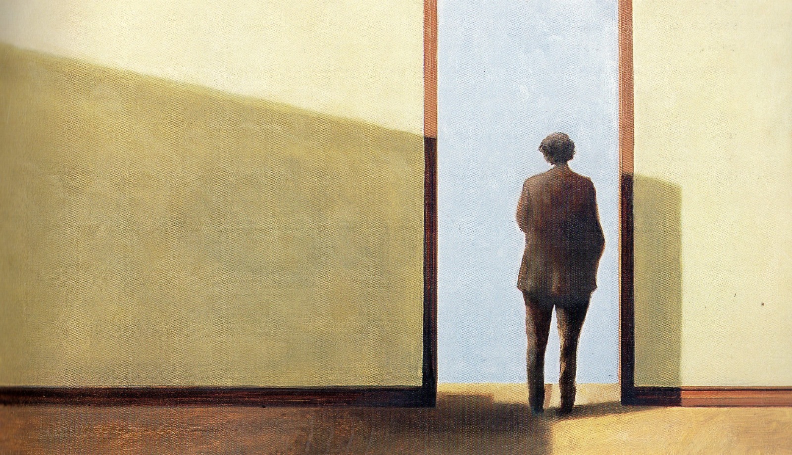 Figura alada monstruosa saliendo de la espalda de un hombre de traje en una obra de Juan Cárdenas Arroyo