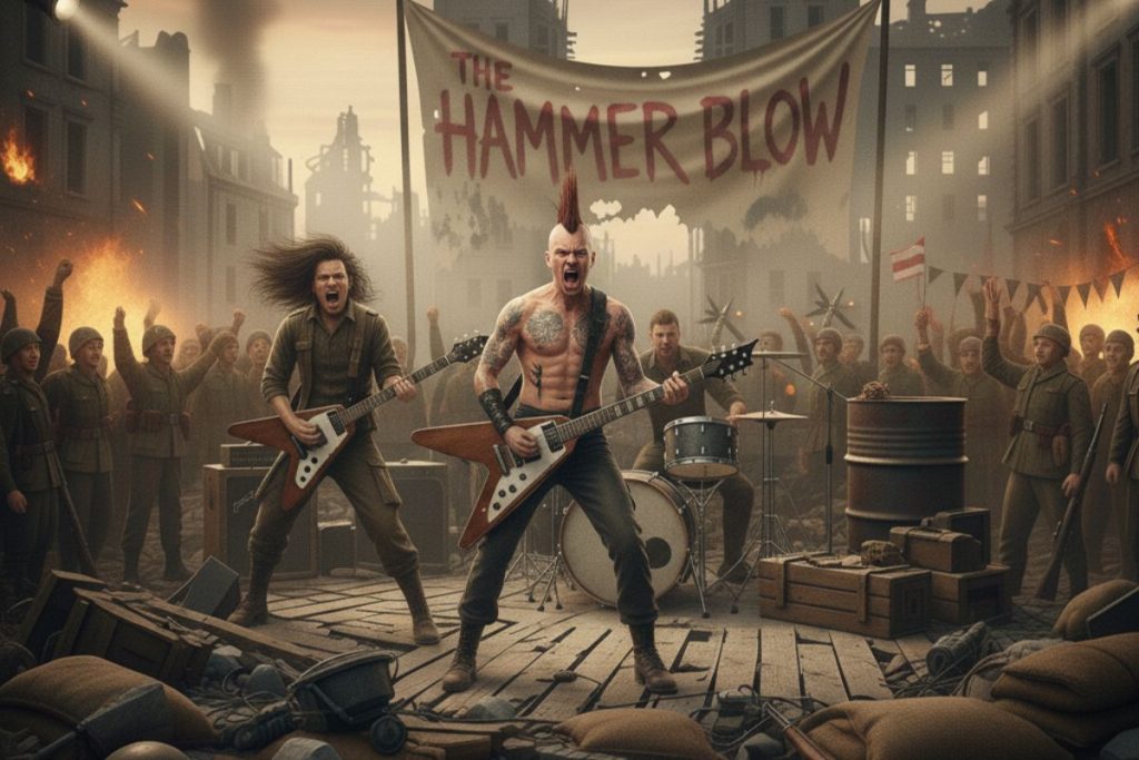 Banda de rock tocando en una ciudad en ruinas, rodeada de soldados que levantan el puño, frente a una pancarta que dice The Hammer Blow.