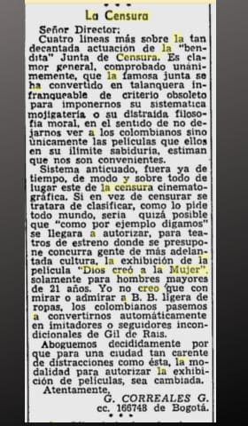 Carta de un lector en El Tiempo sobre la película «Y Dios creó a la mujer», publicada en 1959.