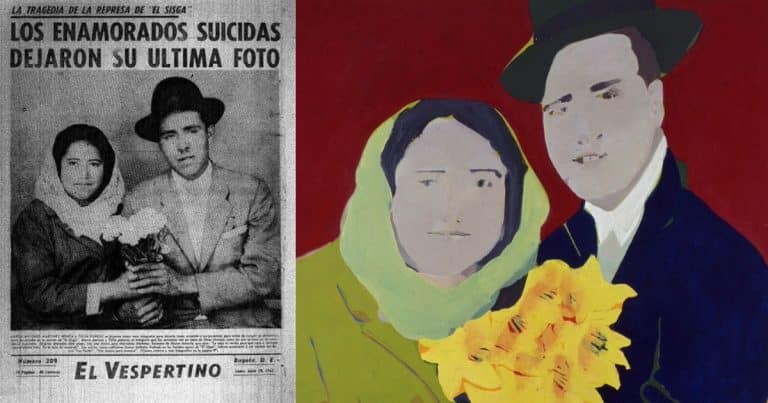 Comparativa visual: a la izquierda, la portada del diario El Vespertino con la foto real de Antonio y Tulia (1965); a la derecha, la pintura Los suicidas del Sisga de Beatriz González con sus colores planos característicos.