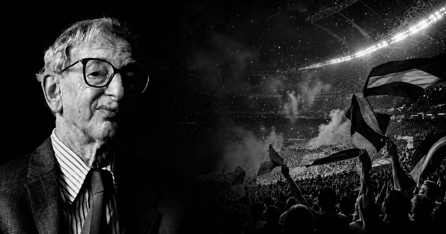 Retrato en blanco y negro de Eric Hobsbawm junto a una tribuna llena de hinchas con banderas en un estadio, en una imagen sobre fútbol, nación e identidad colectiva.