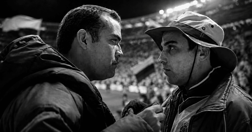 Mariano Concha y Saúl, protagonistas de La pena máxima, se enfrentan en primer plano dentro de un estadio lleno, en una imagen en blanco y negro con ambiente de fútbol colombiano.