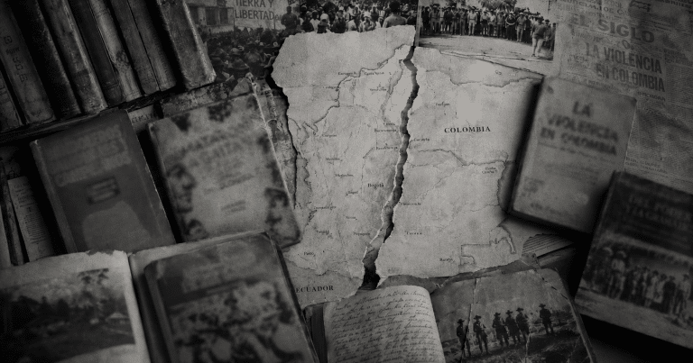 Mapa de Colombia rasgado rodeado de libros antiguos, periódicos y fotografías de archivo sobre la violencia política en Colombia.