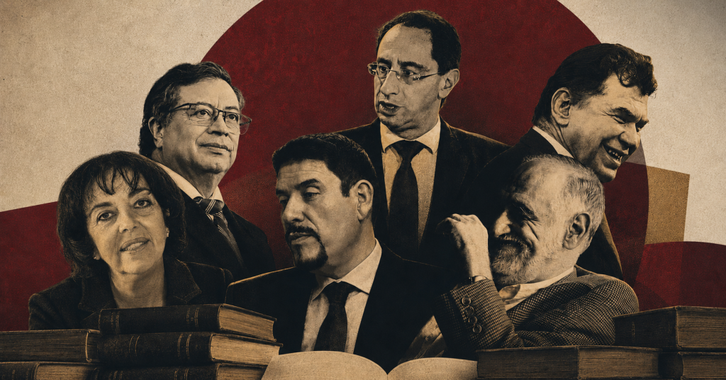 Ilustración de Gustavo Petro, José Manuel Restrepo, León Valencia, Mauricio Gaona y Hernando Gómez Buendía entre libros apilados.