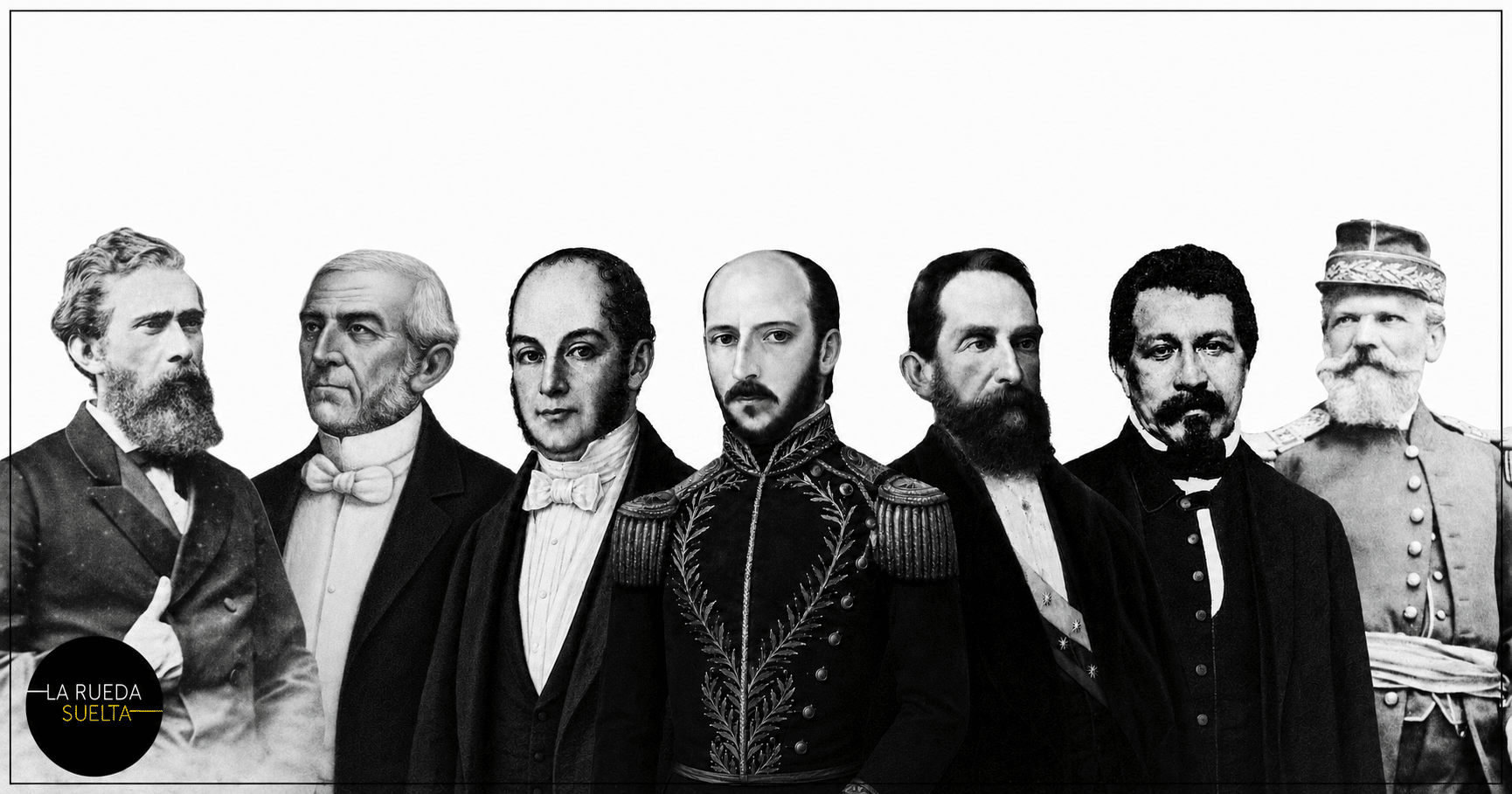 Composición con siete mandatarios que ejercieron el poder en Colombia fuera de Bogotá: Joaquín Riascos, Manuel Antonio Sanclemente, José de Obaldía, Tomás Herrera, Rafael Núñez, Juan José Nieto y Leonardo Canal.